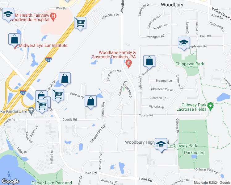 map of restaurants, bars, coffee shops, grocery stores, and more near 2317 Sumac Way in Woodbury