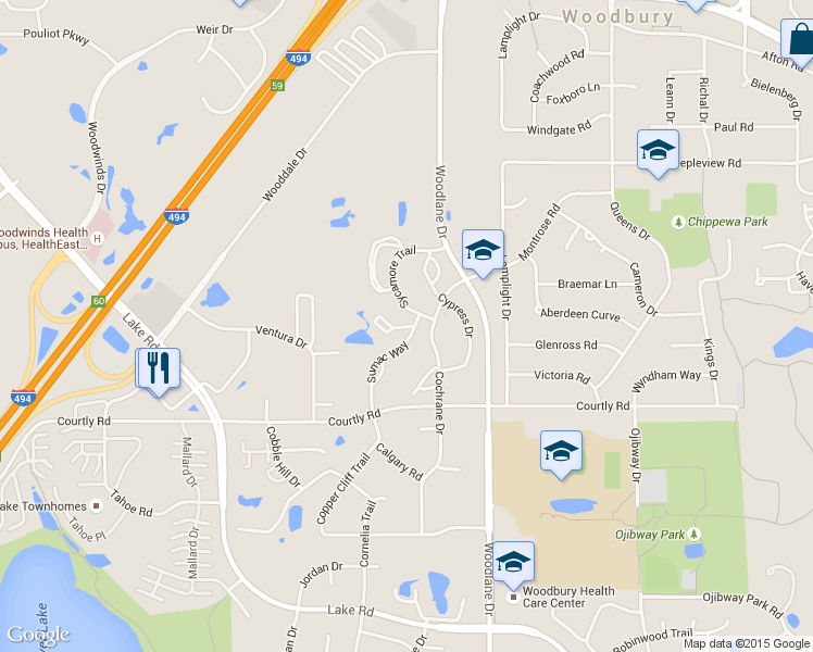 map of restaurants, bars, coffee shops, grocery stores, and more near 2320 Sumac Circle in Woodbury