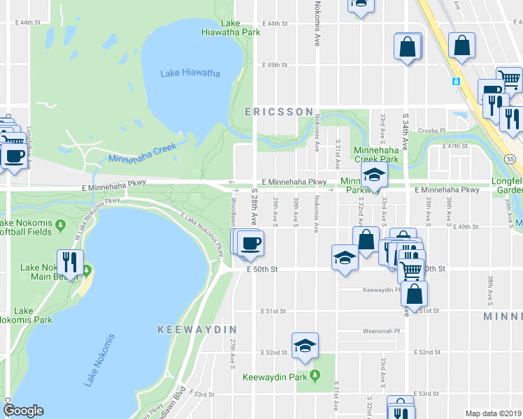 map of restaurants, bars, coffee shops, grocery stores, and more near 4850 South 28th Avenue in Minneapolis