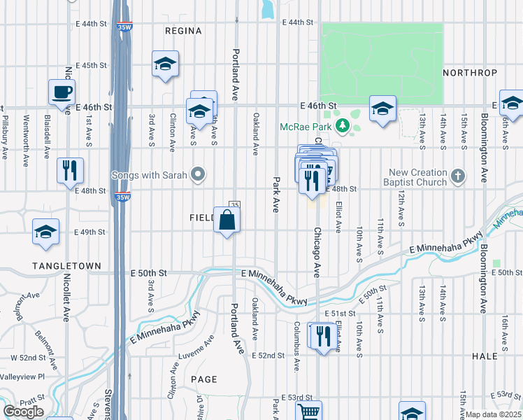 map of restaurants, bars, coffee shops, grocery stores, and more near 4850 Park Avenue in Minneapolis