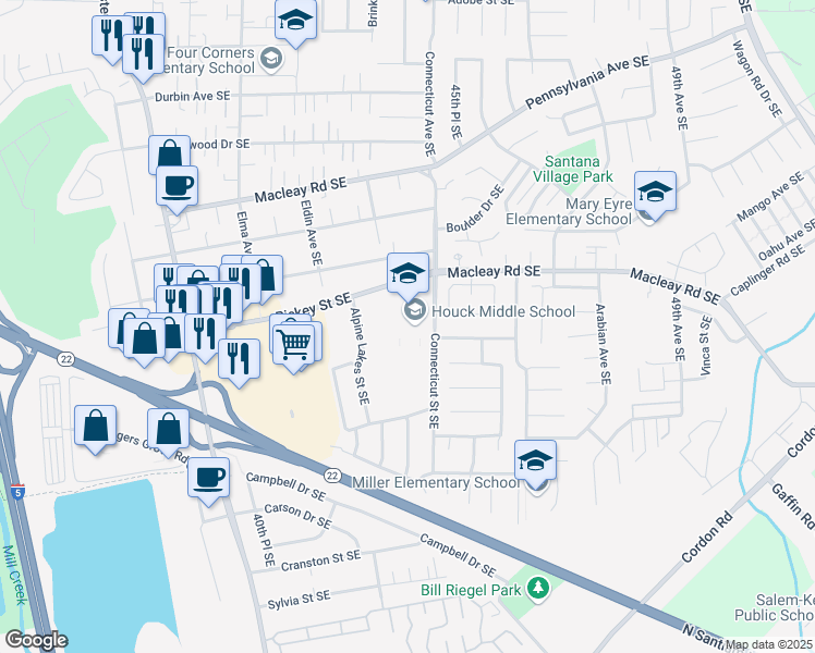 map of restaurants, bars, coffee shops, grocery stores, and more near 1155 Connecticut Street Southeast in Salem