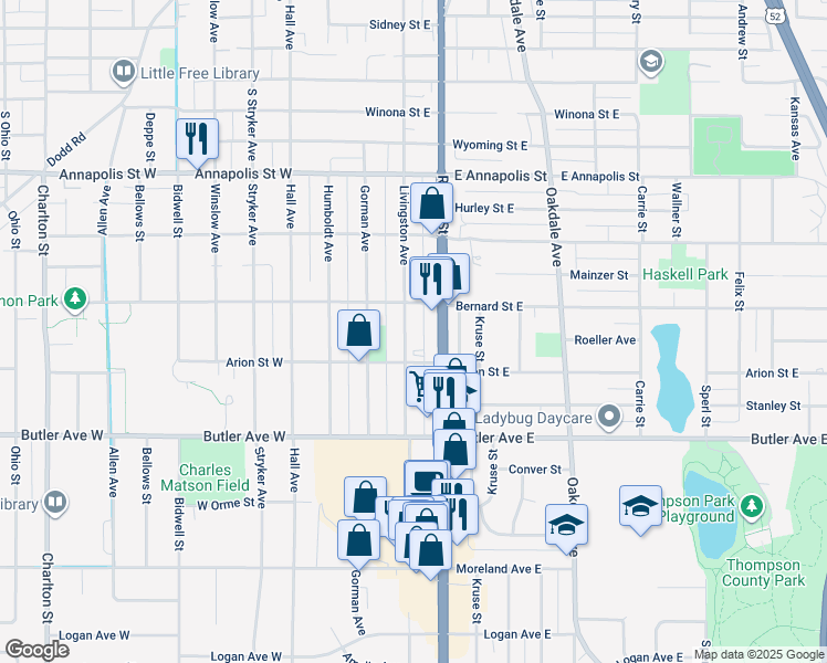 map of restaurants, bars, coffee shops, grocery stores, and more near 60 Bernard Street West in West Saint Paul