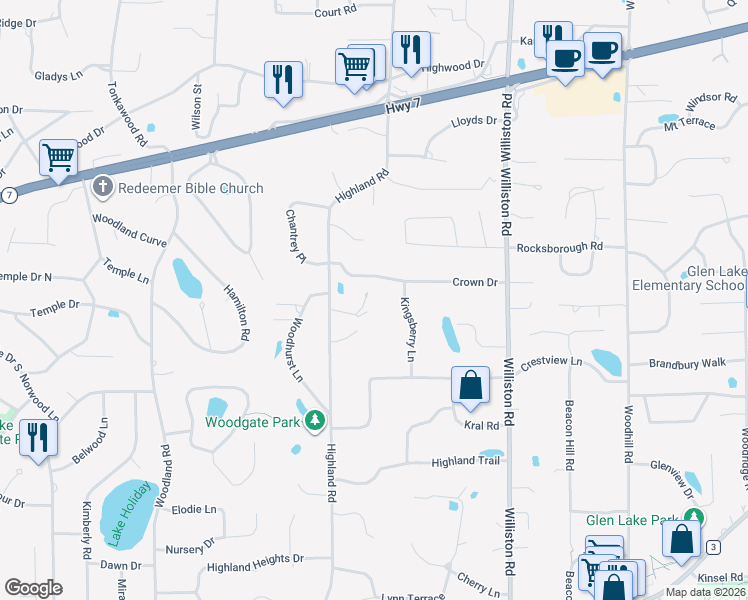 map of restaurants, bars, coffee shops, grocery stores, and more near 15209 Crown Drive in Minnetonka