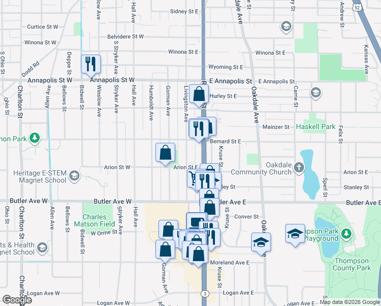 map of restaurants, bars, coffee shops, grocery stores, and more near 60 Bernard Street West in West Saint Paul