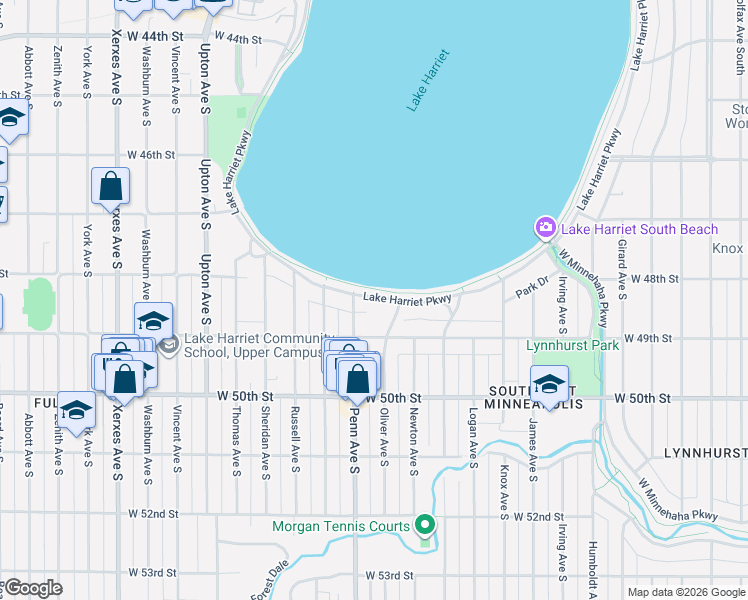 map of restaurants, bars, coffee shops, grocery stores, and more near 4887 East Lake Harriet Parkway in Minneapolis