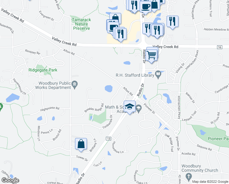 map of restaurants, bars, coffee shops, grocery stores, and more near 2278 Timberlea Drive in Woodbury