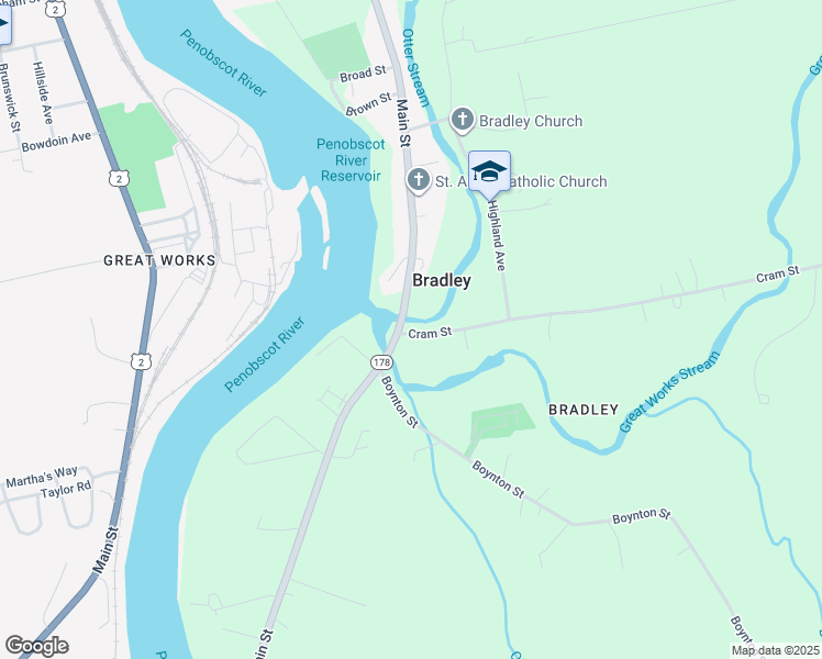 map of restaurants, bars, coffee shops, grocery stores, and more near 6 Cram Street in Bradley