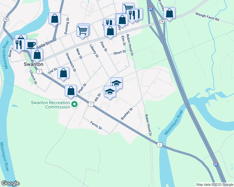 map of restaurants, bars, coffee shops, grocery stores, and more near 24 4th Street in Swanton
