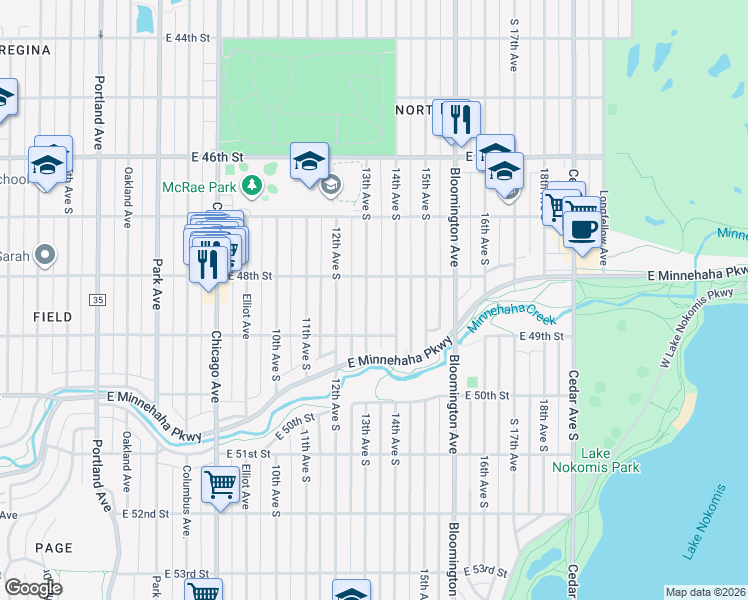 map of restaurants, bars, coffee shops, grocery stores, and more near 4821 13th Avenue South in Minneapolis