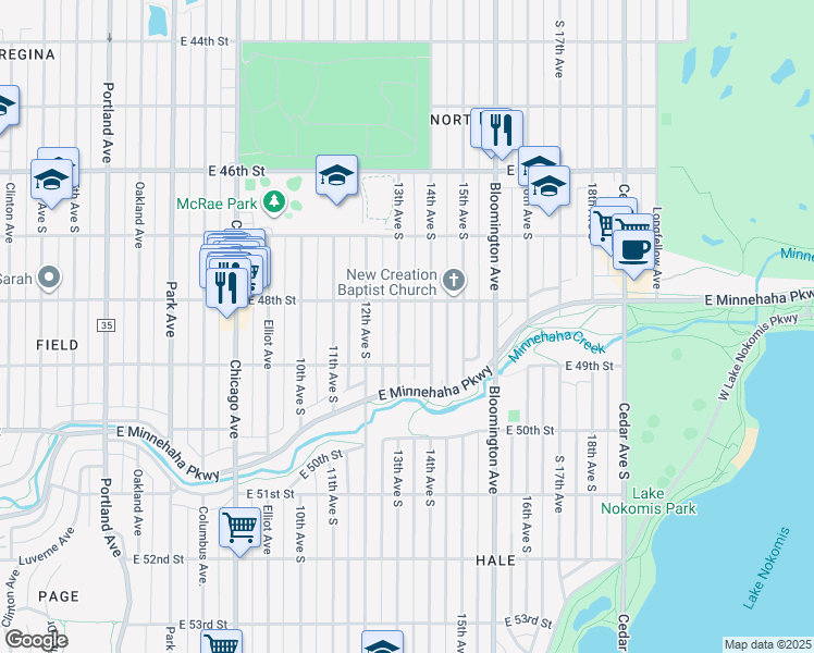 map of restaurants, bars, coffee shops, grocery stores, and more near 4821 13th Avenue South in Minneapolis
