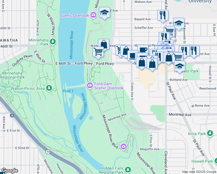 map of restaurants, bars, coffee shops, grocery stores, and more near S Mt Curve Blvd in St Paul