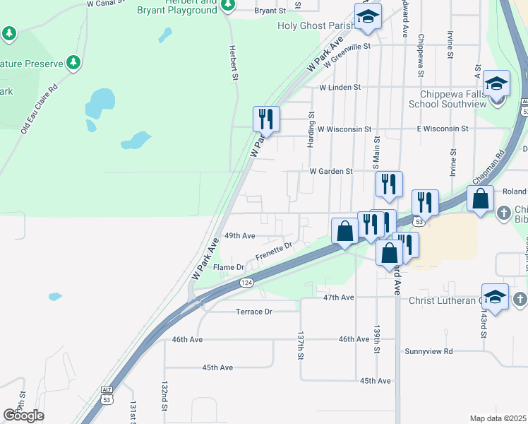 map of restaurants, bars, coffee shops, grocery stores, and more near 815 West Park Avenue in Chippewa Falls