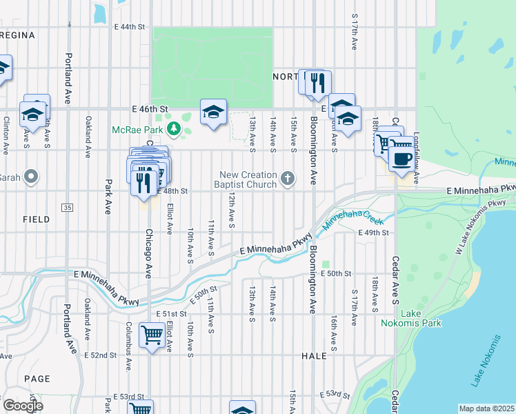 map of restaurants, bars, coffee shops, grocery stores, and more near 4800 13th Avenue South in Minneapolis