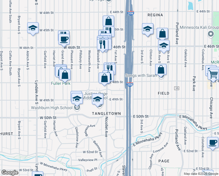 map of restaurants, bars, coffee shops, grocery stores, and more near 4816 Nicollet Avenue in Minneapolis