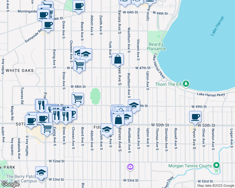 map of restaurants, bars, coffee shops, grocery stores, and more near 4800 Xerxes Avenue South in Minneapolis