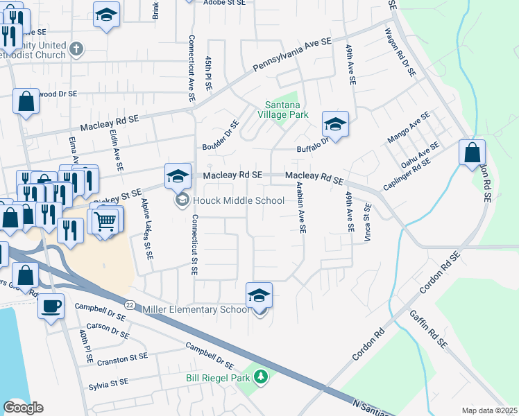 map of restaurants, bars, coffee shops, grocery stores, and more near 1135 Raffon Court Southeast in Salem