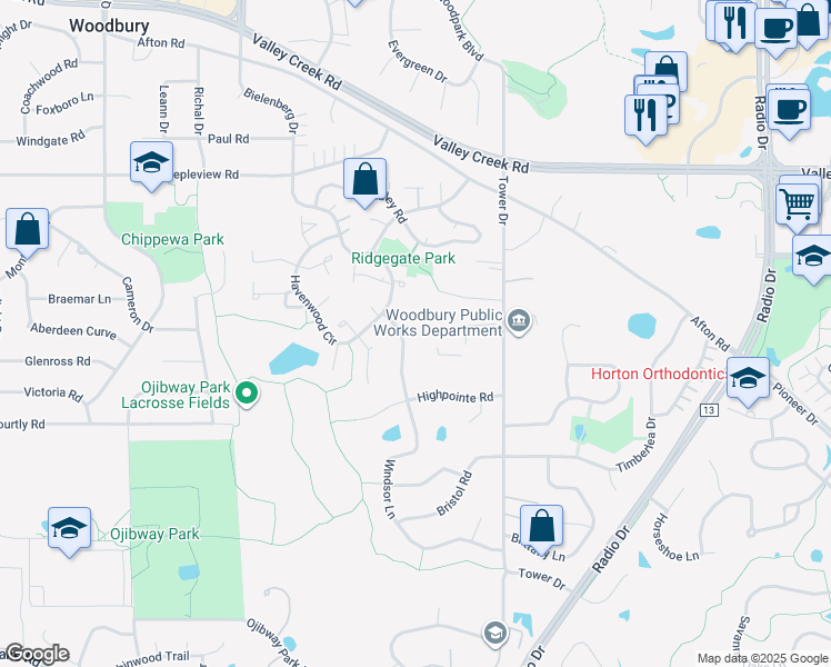 map of restaurants, bars, coffee shops, grocery stores, and more near in Woodbury