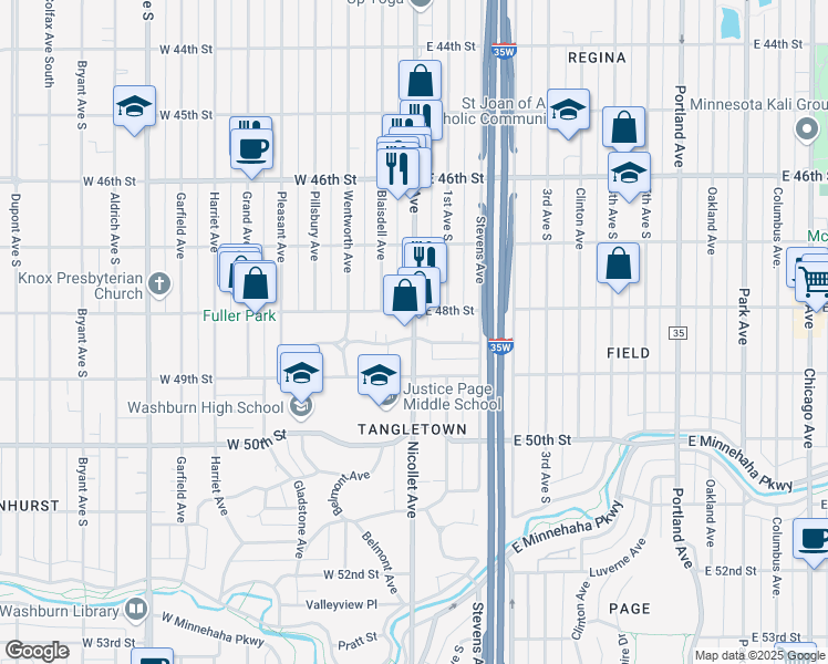map of restaurants, bars, coffee shops, grocery stores, and more near 4815 Nicollet Avenue South in Minneapolis