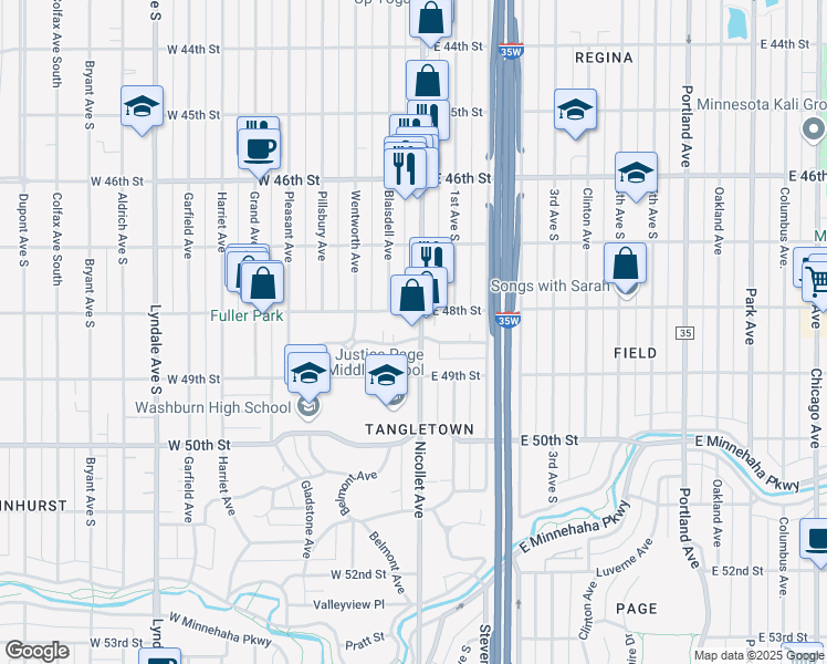 map of restaurants, bars, coffee shops, grocery stores, and more near 4816 Nicollet Avenue in Minneapolis