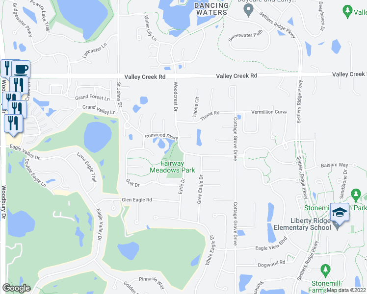 map of restaurants, bars, coffee shops, grocery stores, and more near 2233 Woodcrest Drive in Woodbury