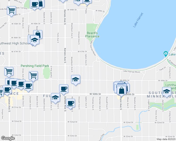 map of restaurants, bars, coffee shops, grocery stores, and more near 4817 Upton Avenue South in Minneapolis