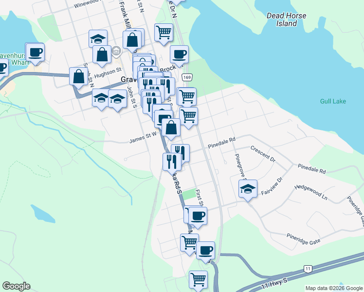 map of restaurants, bars, coffee shops, grocery stores, and more near 575 1 Street South in Gravenhurst