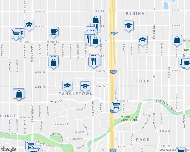 map of restaurants, bars, coffee shops, grocery stores, and more near 4815 Nicollet Avenue South in Minneapolis