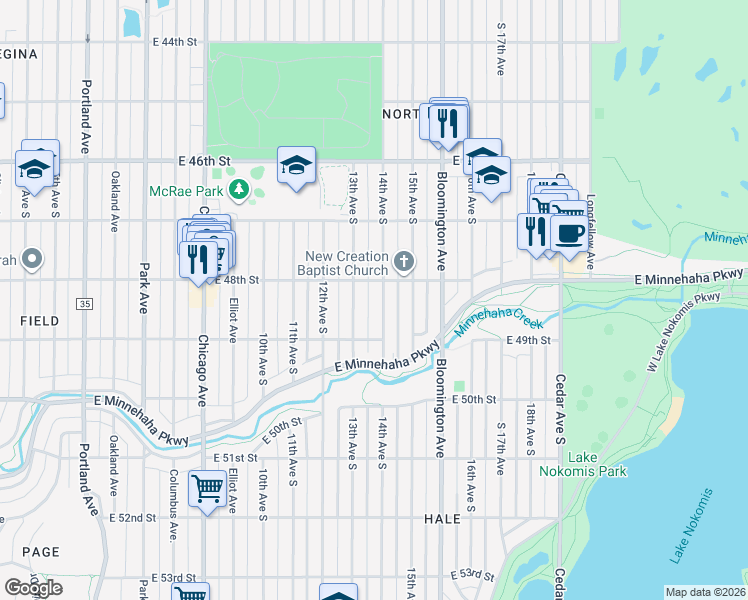 map of restaurants, bars, coffee shops, grocery stores, and more near 4800 14th Avenue South in Minneapolis