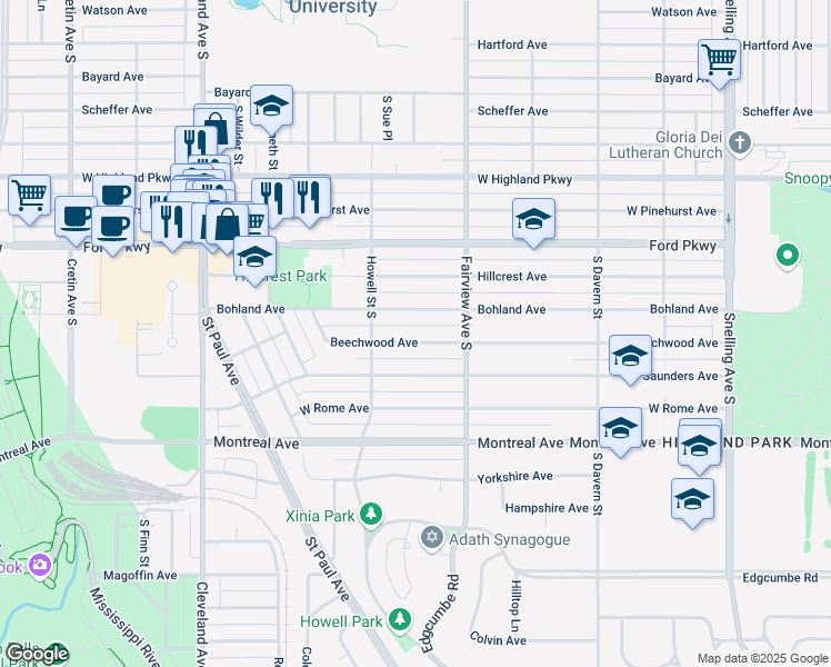 map of restaurants, bars, coffee shops, grocery stores, and more near 1846 Bohland Avenue in Saint Paul