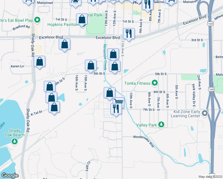 map of restaurants, bars, coffee shops, grocery stores, and more near 1201 6th Street South in Hopkins