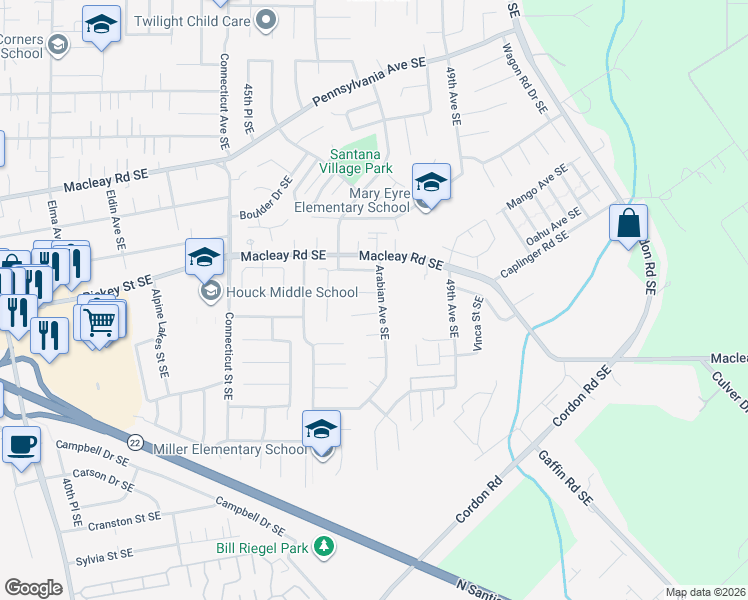 map of restaurants, bars, coffee shops, grocery stores, and more near 1148 Arabian Avenue Southeast in Salem