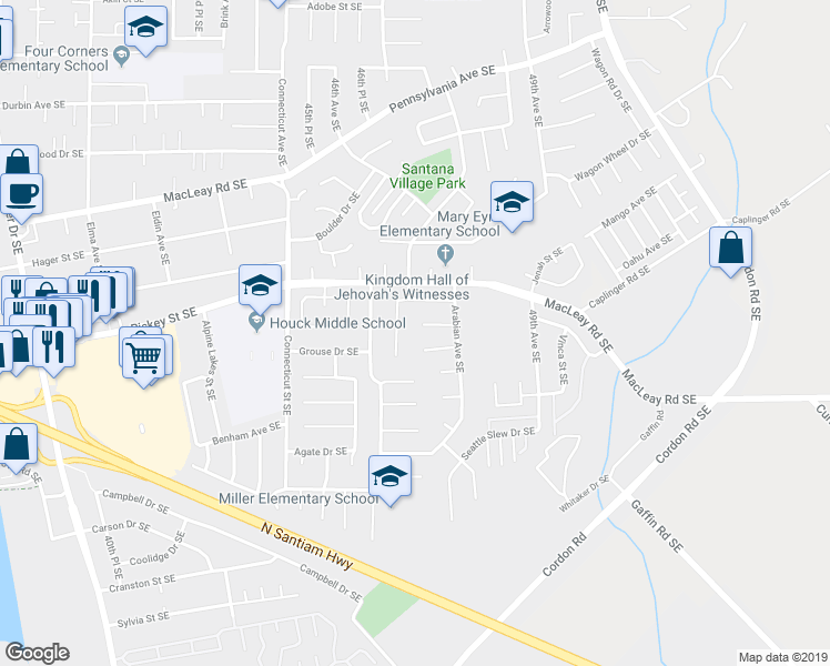 map of restaurants, bars, coffee shops, grocery stores, and more near 4723 Palomino Court Southeast in Salem
