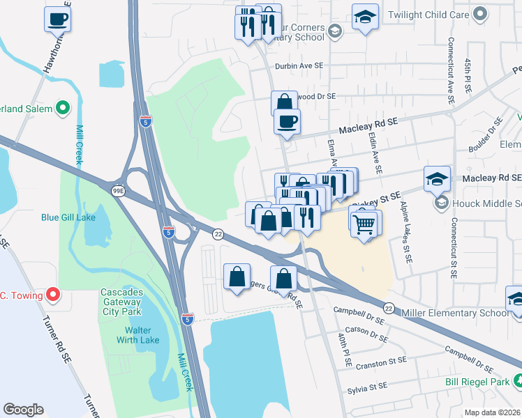 map of restaurants, bars, coffee shops, grocery stores, and more near 3940 Munkers Street Southeast in Salem