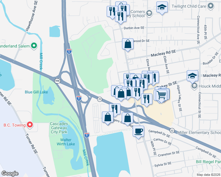 map of restaurants, bars, coffee shops, grocery stores, and more near 997 Munkers Court Southeast in Salem