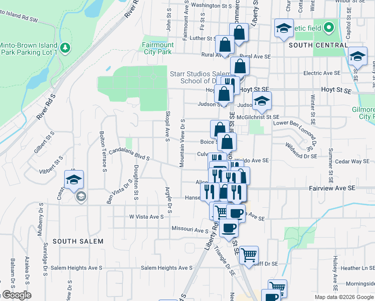 map of restaurants, bars, coffee shops, grocery stores, and more near 240 Boice Street South in Salem