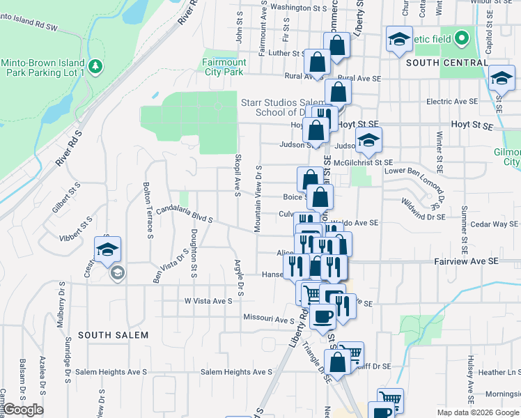 map of restaurants, bars, coffee shops, grocery stores, and more near 340 Boice Street South in Salem