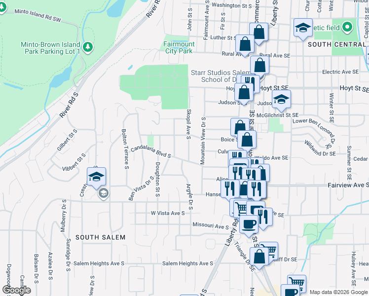 map of restaurants, bars, coffee shops, grocery stores, and more near 2625 Skopil Avenue South in Salem