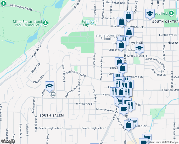 map of restaurants, bars, coffee shops, grocery stores, and more near 2625 Skopil Avenue South in Salem