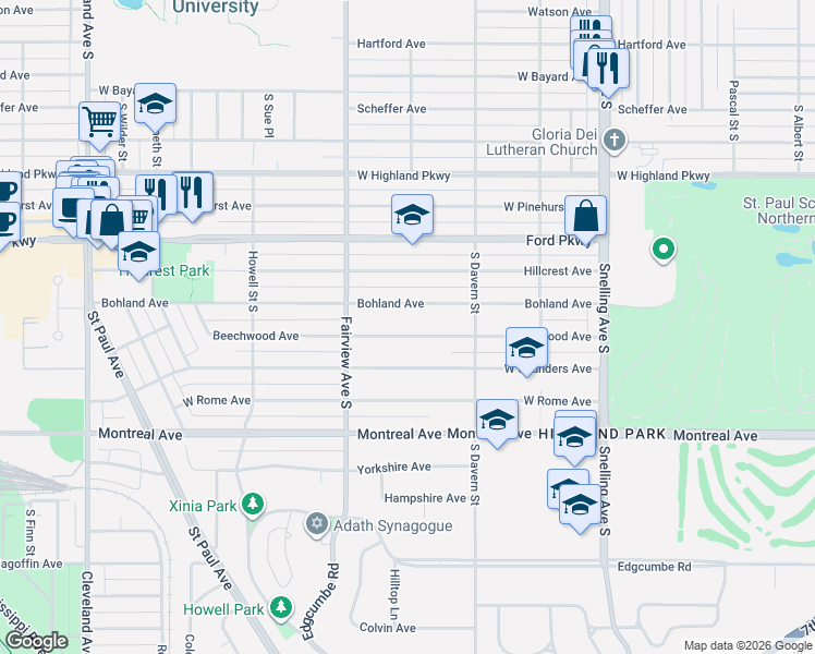 map of restaurants, bars, coffee shops, grocery stores, and more near 1780 Bohland Avenue in Saint Paul