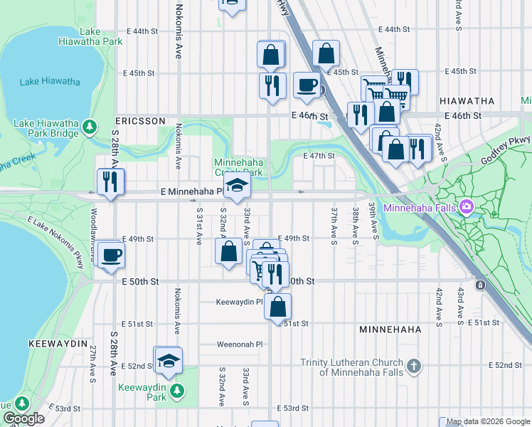 map of restaurants, bars, coffee shops, grocery stores, and more near 3311 East Minnehaha Parkway in Minneapolis