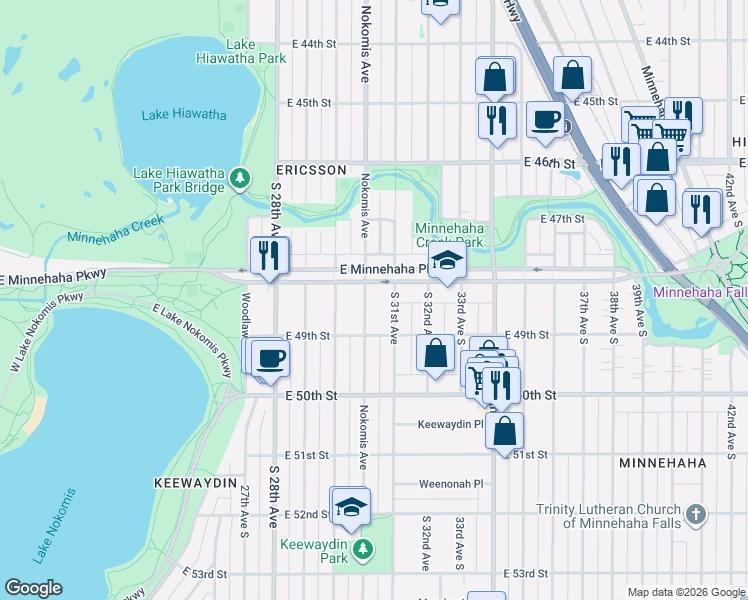 map of restaurants, bars, coffee shops, grocery stores, and more near 3027 East Minnehaha Parkway in Minneapolis