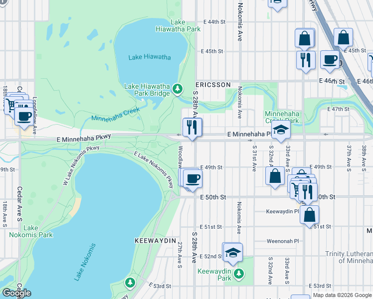map of restaurants, bars, coffee shops, grocery stores, and more near 4800 South 28th Avenue in Minneapolis