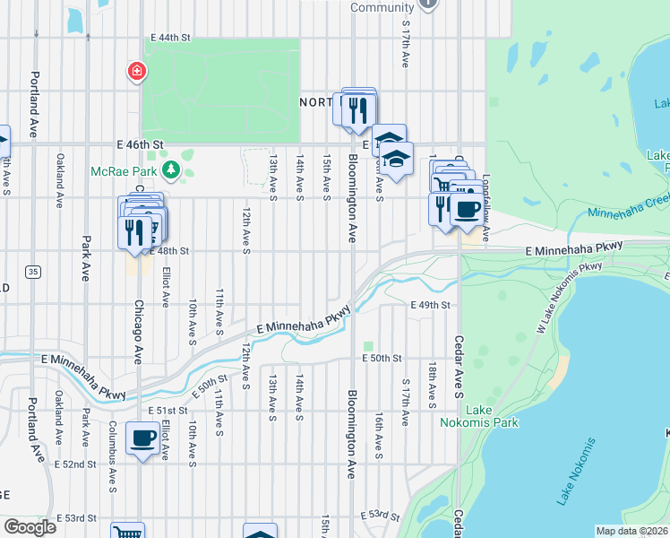 map of restaurants, bars, coffee shops, grocery stores, and more near 4801 South 15th Avenue in Minneapolis