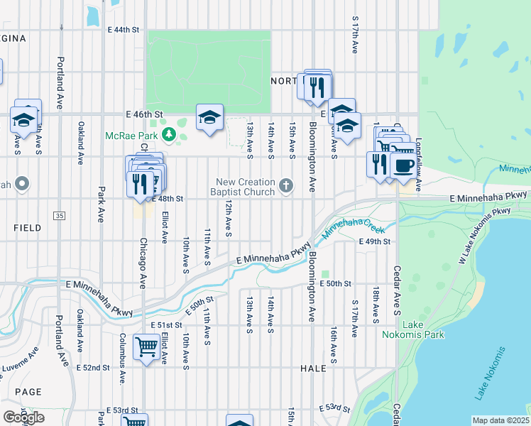 map of restaurants, bars, coffee shops, grocery stores, and more near 4800 14th Avenue South in Minneapolis