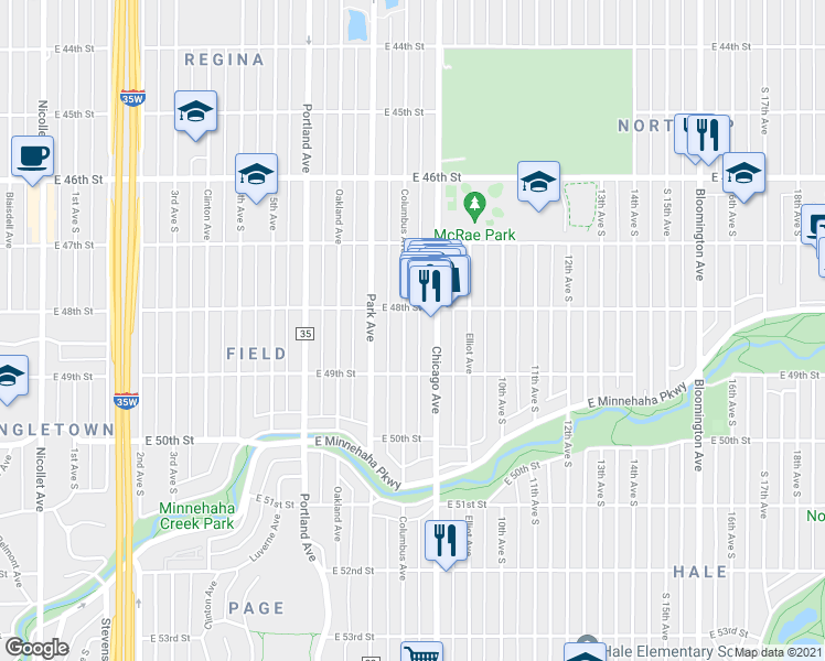 map of restaurants, bars, coffee shops, grocery stores, and more near 4800 Columbus Avenue South in Minneapolis