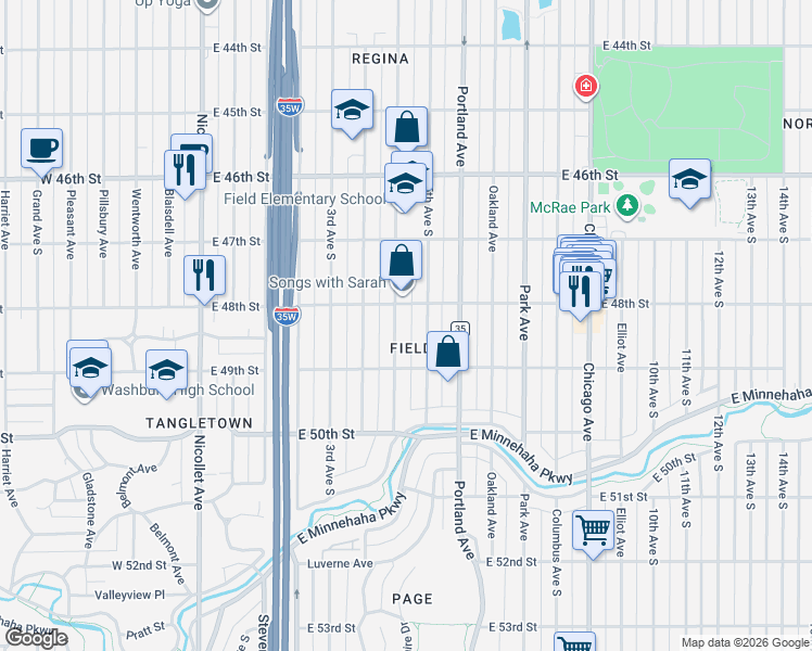 map of restaurants, bars, coffee shops, grocery stores, and more near 389 East 48th Street in Minneapolis