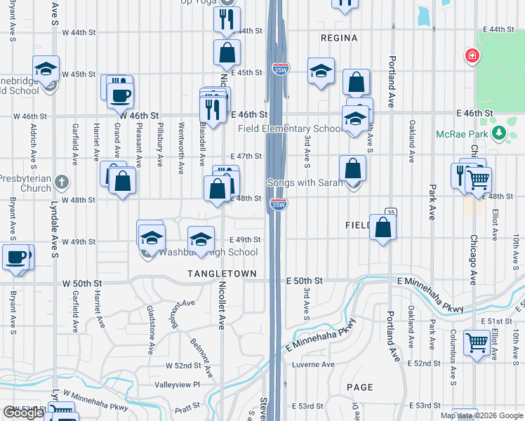 map of restaurants, bars, coffee shops, grocery stores, and more near 4741 East 48th Street in Minneapolis