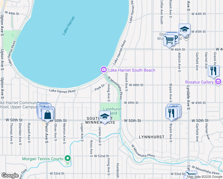 map of restaurants, bars, coffee shops, grocery stores, and more near 4800 Park Drive in Minneapolis