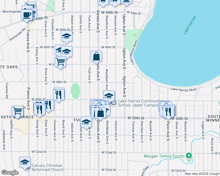 map of restaurants, bars, coffee shops, grocery stores, and more near 4800 Vincent Avenue South in Minneapolis