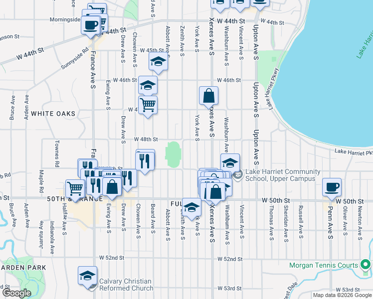map of restaurants, bars, coffee shops, grocery stores, and more near 4801 Zenith Avenue South in Minneapolis